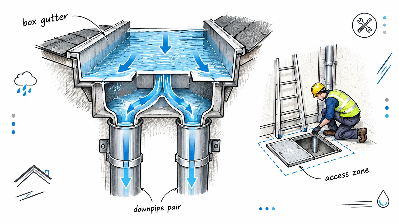 A detailed technical illustration showing a box gutter system with downpipes and an underground access zone maintenance area.