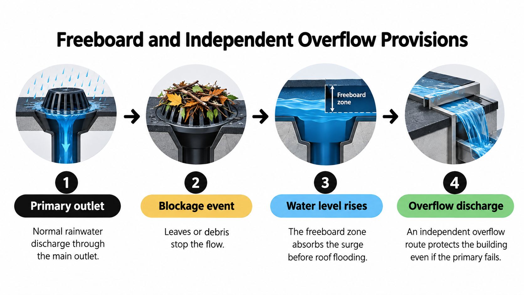 A diagram illustrating how freeboard and independent overflow provisions prevent roof flooding during primary drainage blockages.