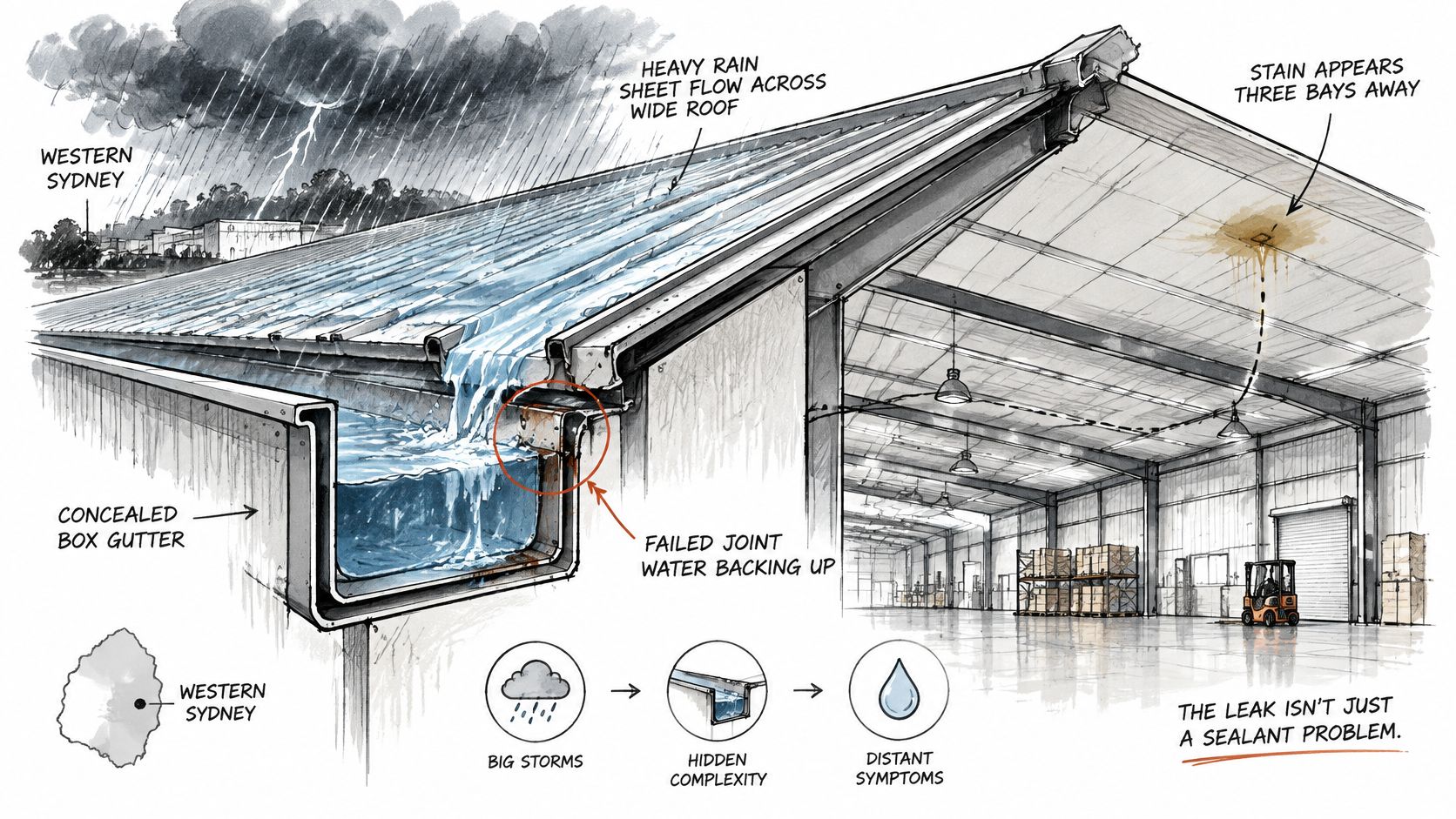 A diagram illustrating how water backs up from a failed concealed box gutter joint causing roof leaks.
