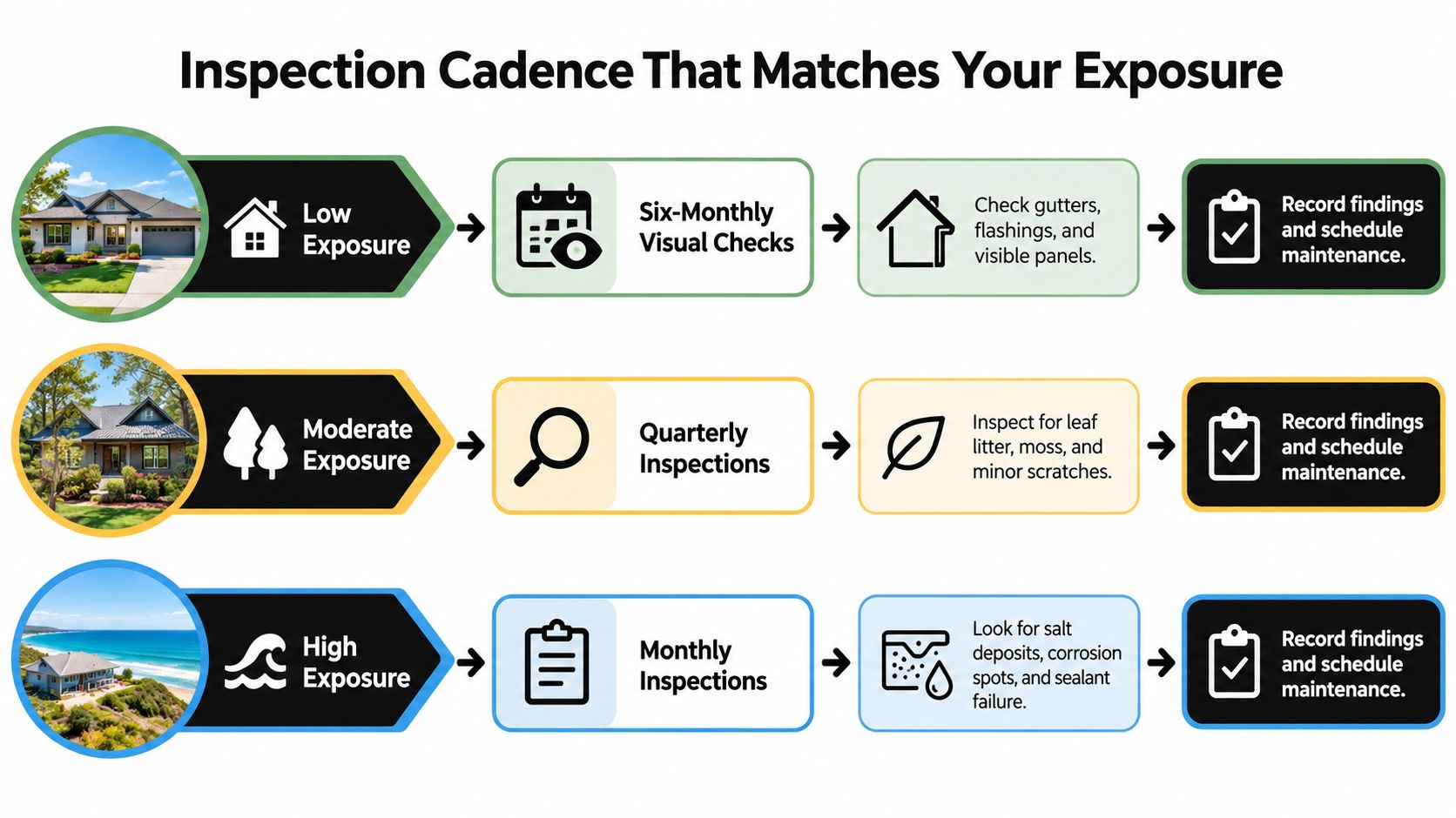 A chart showing inspection frequency for roofs based on low, moderate, and high environmental exposure levels.