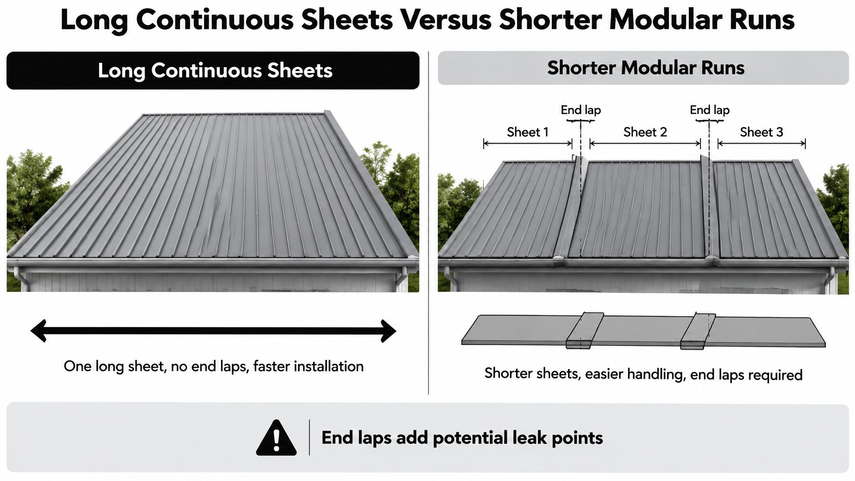 A comparison illustration showing long continuous metal roof sheets versus shorter modular roof sheets with end laps.