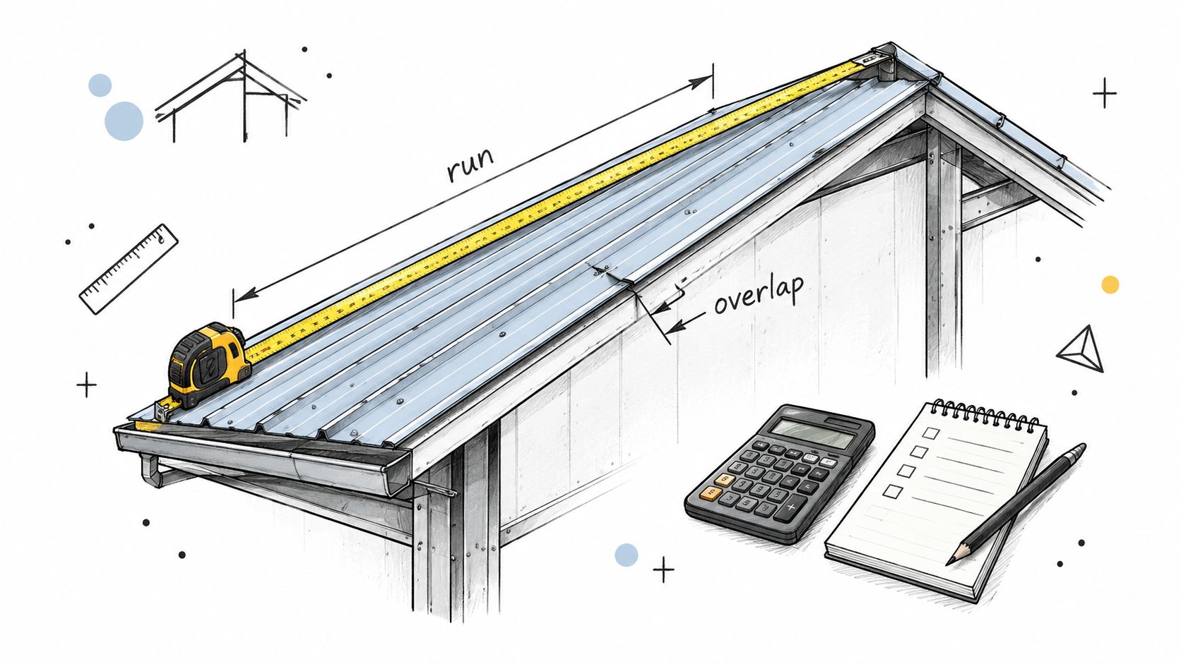 A hand-drawn illustration showing a metal roof section being measured with a tape measure for construction projects.