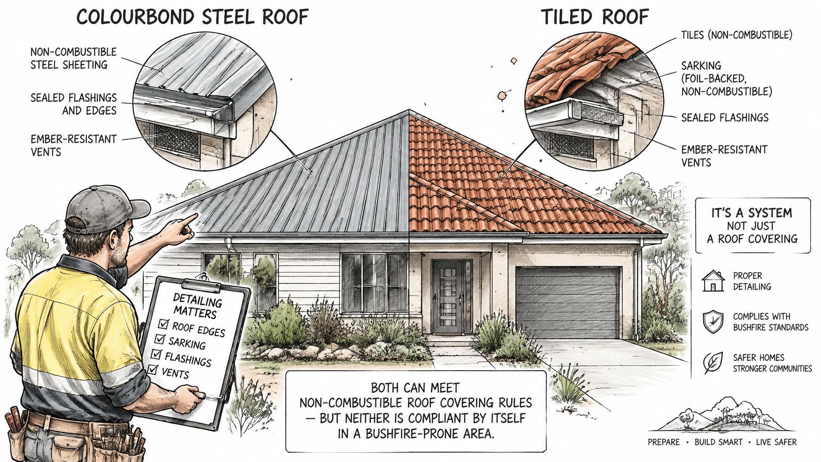An illustration comparing Colorbond steel and tiled roof safety features for bushfire-prone building areas.