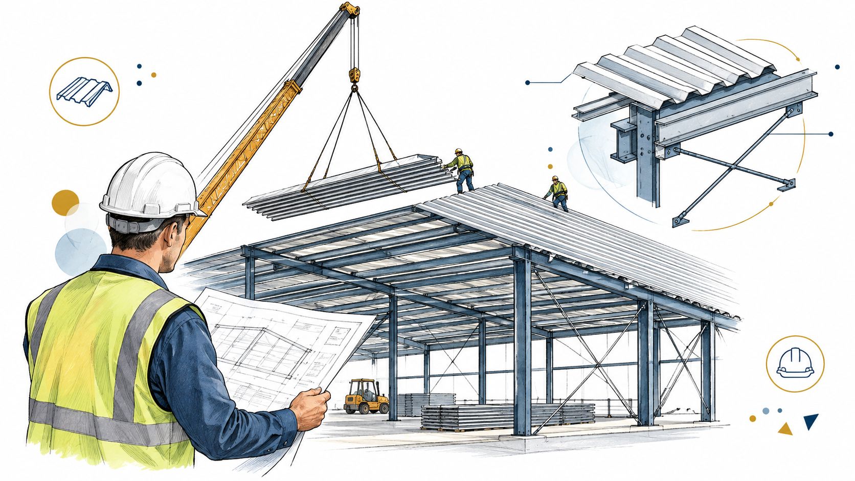 A construction engineer reviewing blueprints at a building site where workers install corrugated metal roofing panels.
