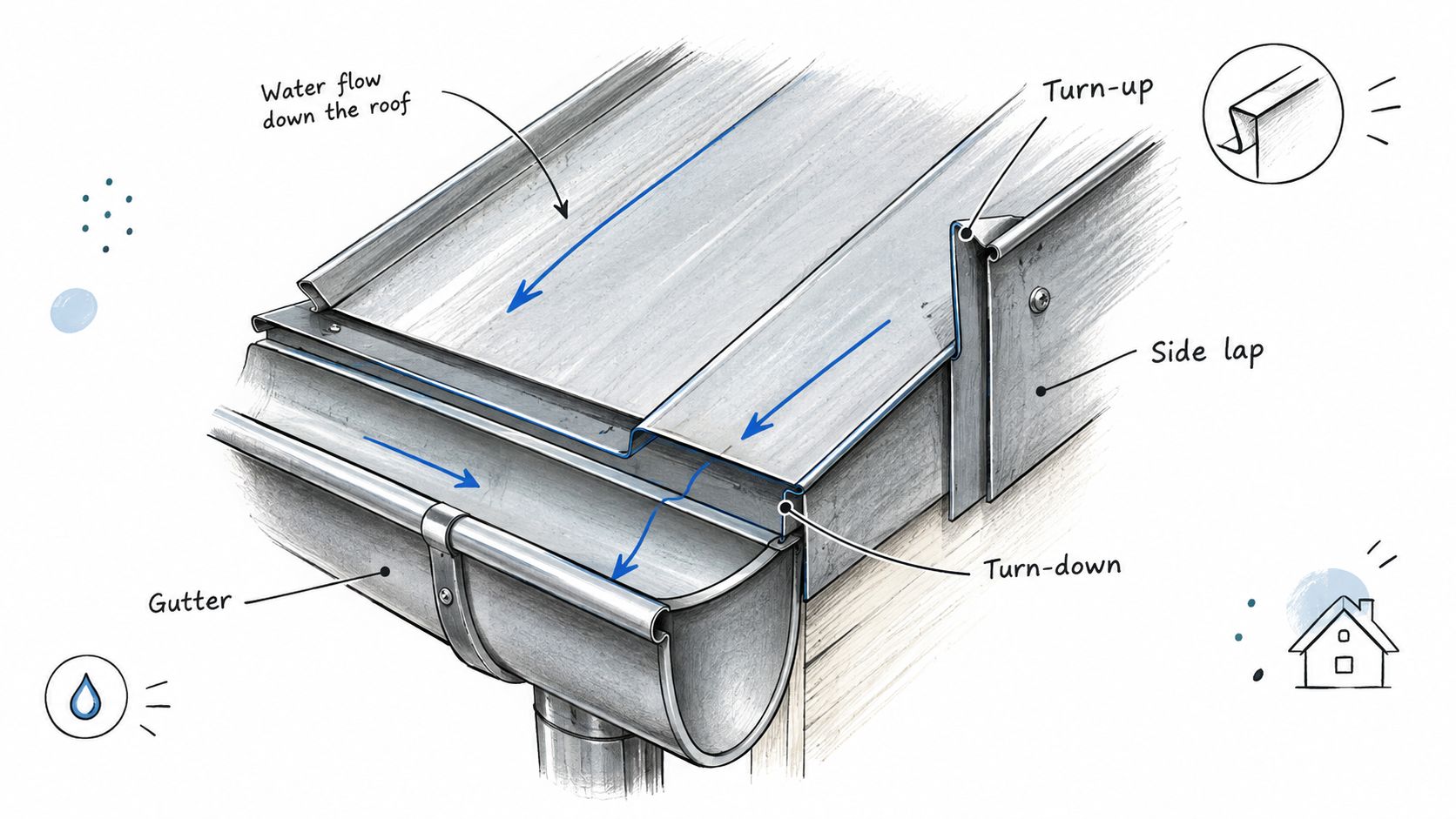 A diagram illustrating the installation of metal roofing, highlighting water flow into a gutter system.