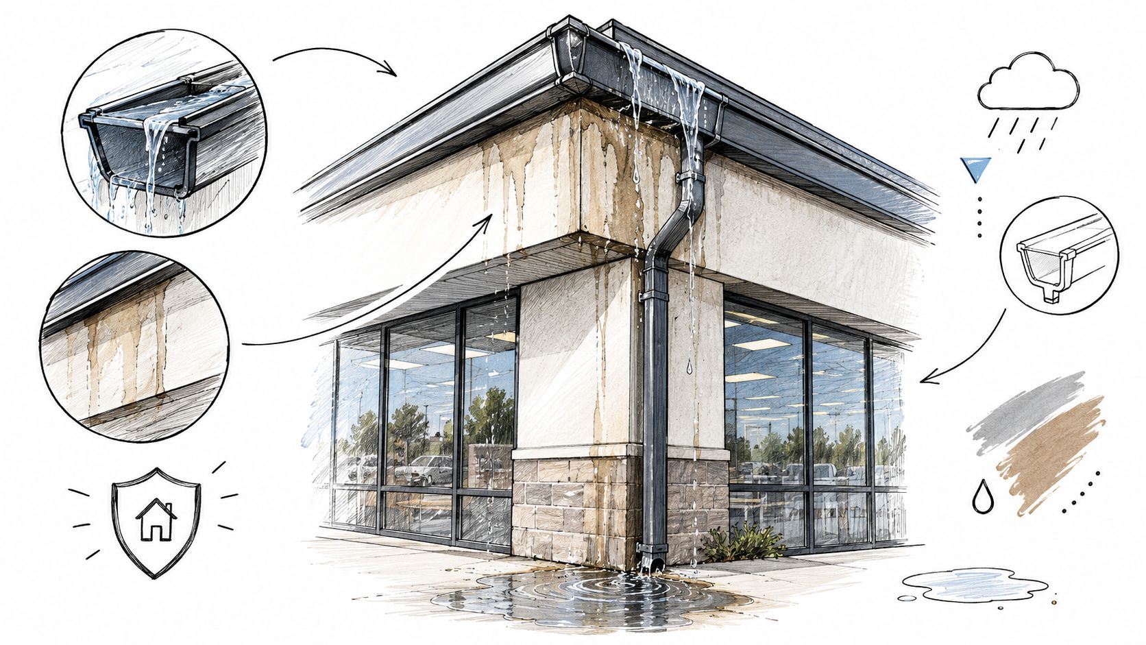 A commercial building showing water damage from overflowing gutters and a broken downspout during heavy rain.