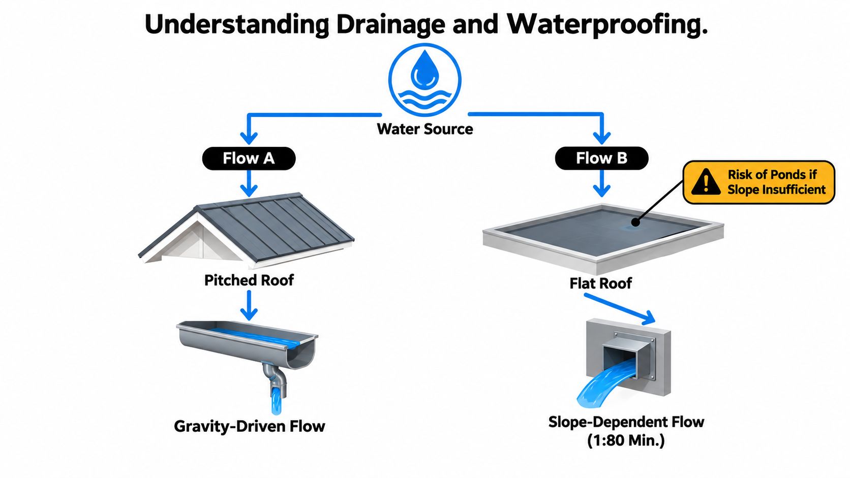 A diagram comparing drainage systems for pitched roofs using gravity and flat roofs requiring specific slopes.