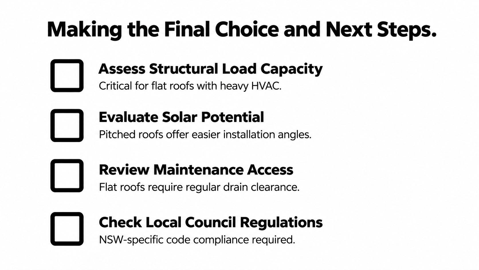 A checklist titled Making the Final Choice and Next Steps for evaluating flat and pitched roof installations.