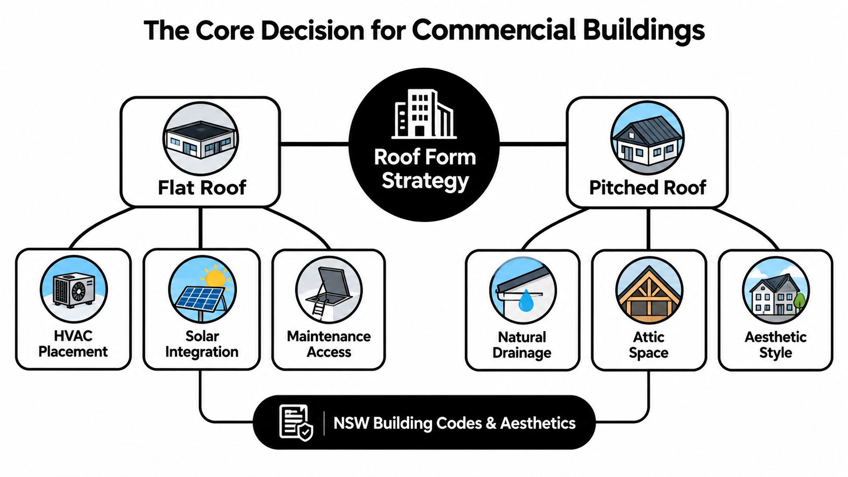 A diagram illustrating the decision-making process between flat and pitched roof strategies for commercial building design.