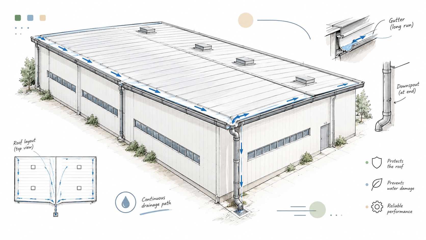 A detailed architectural illustration showing a warehouse roof drainage system with gutters and downspouts collecting rainwater.