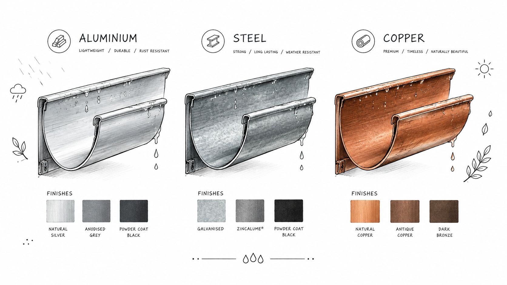 A comparison chart showing aluminium, steel, and copper gutter types with their available finishes and features.