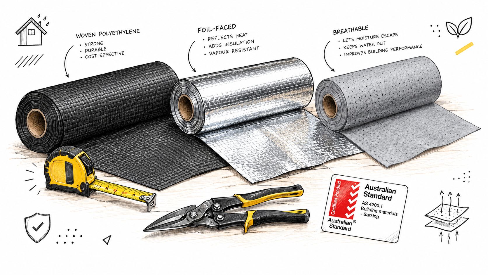 Three rolls of different building sarking materials displayed with a measuring tape, metal shears, and certification label.