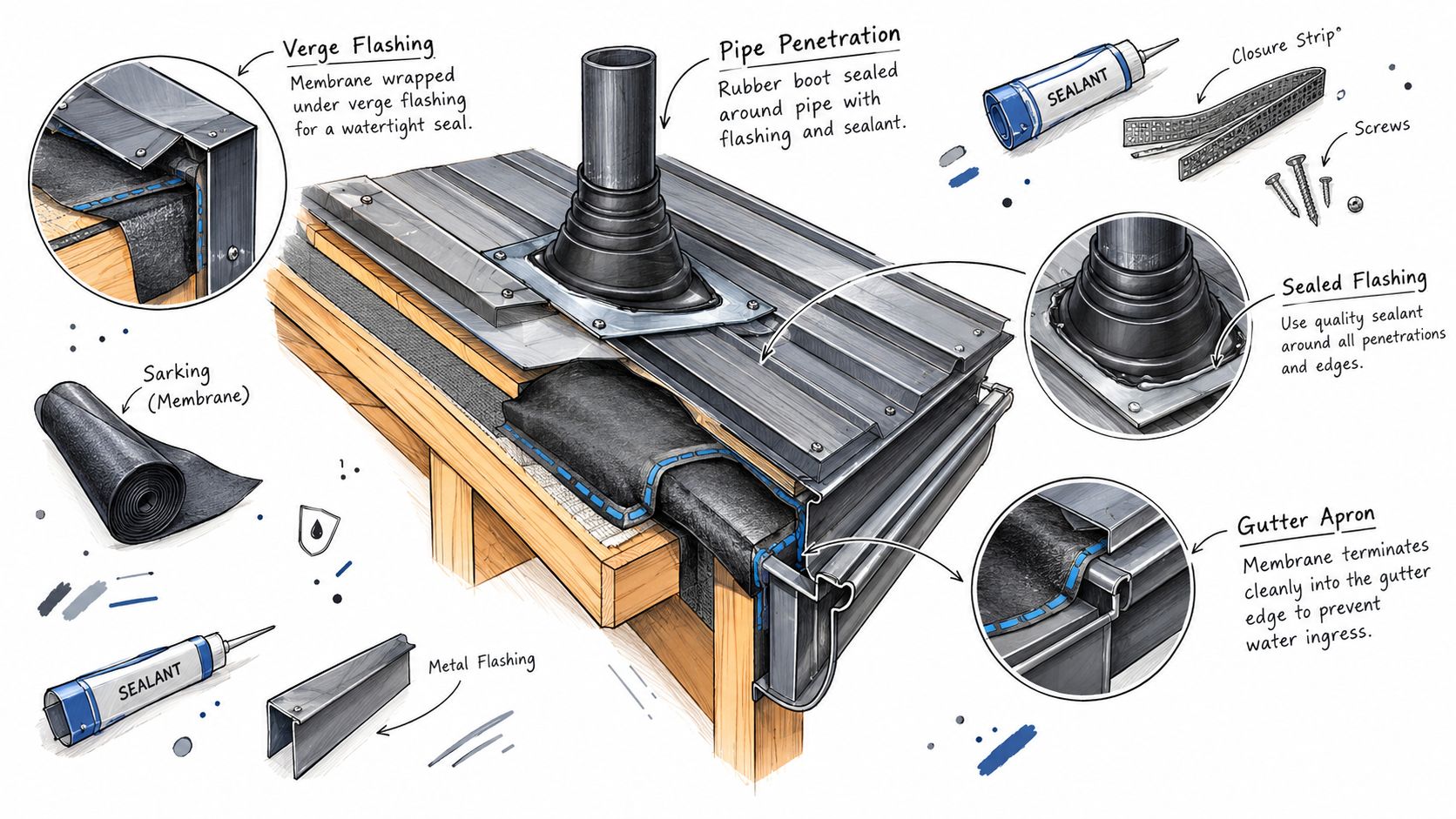 A detailed technical illustration showing the installation process of roof sarking membrane under a metal roof structure.