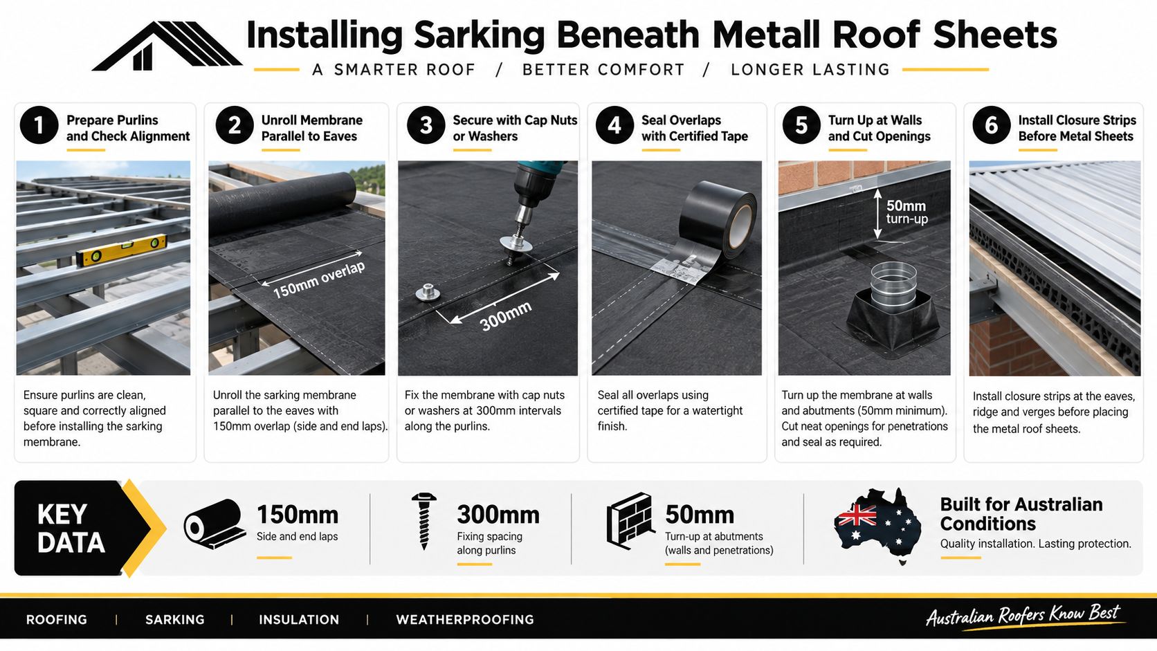 An infographic guide illustrating six steps for installing sarking membrane beneath metal roof sheets for weatherproofing.