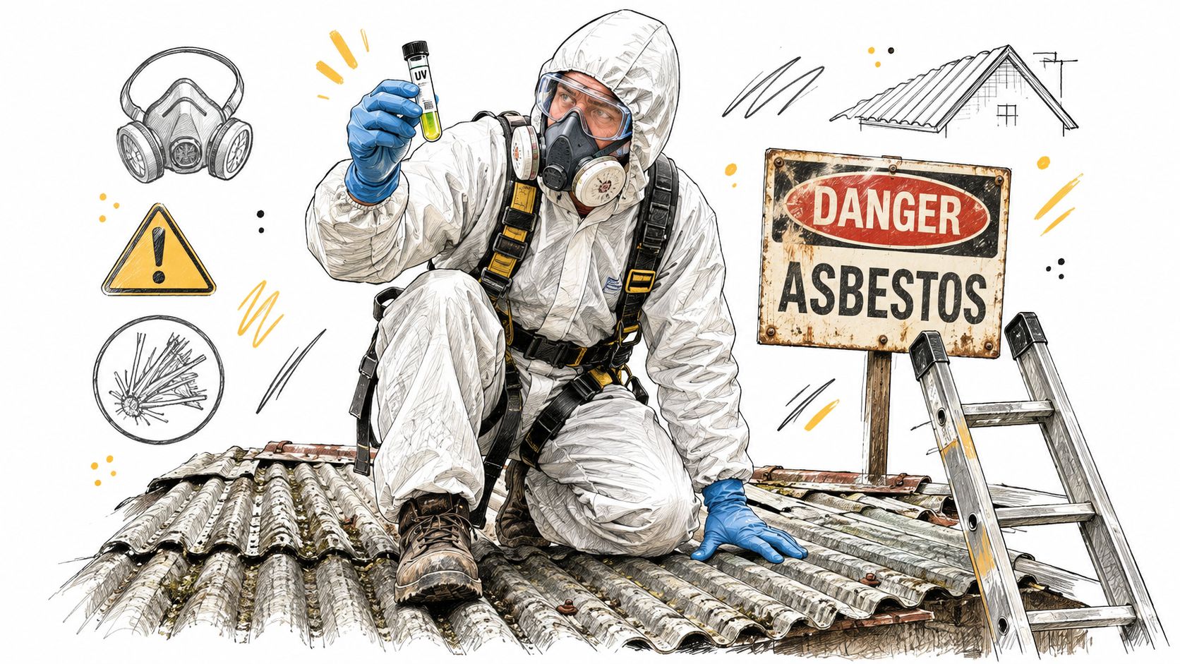 A professional in a hazmat suit examining an asbestos sample on a damaged industrial roof.