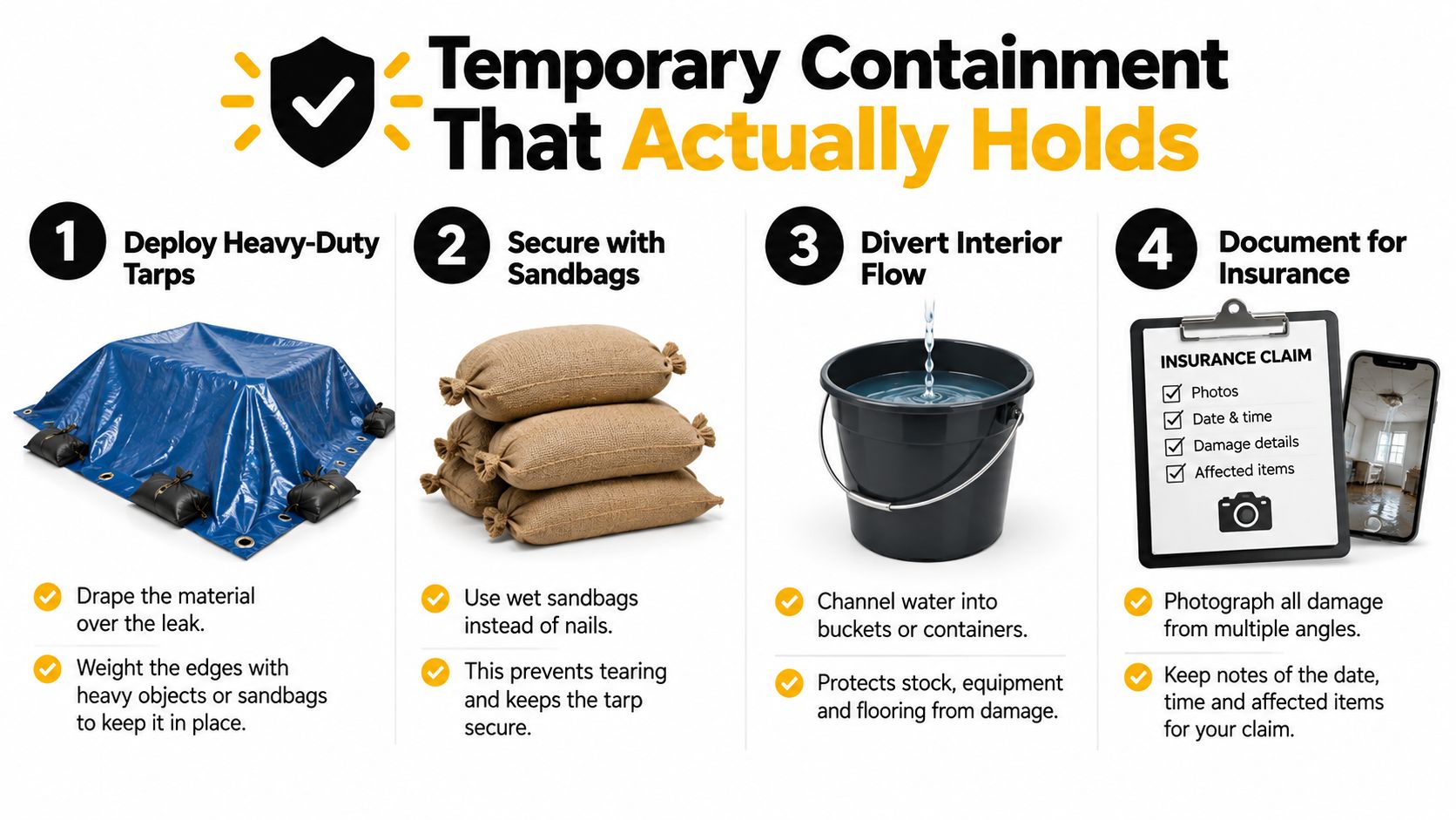 An infographic showing four steps for temporary roof leak containment using tarps, sandbags, buckets, and documentation.