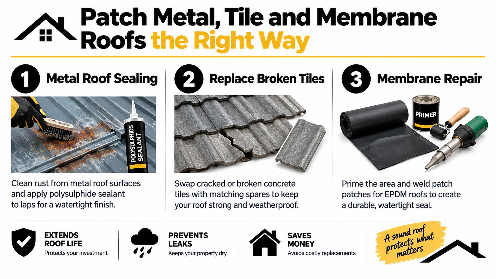 A helpful infographic guide illustrating three simple steps to repair metal, tile, and membrane roof leaks effectively.