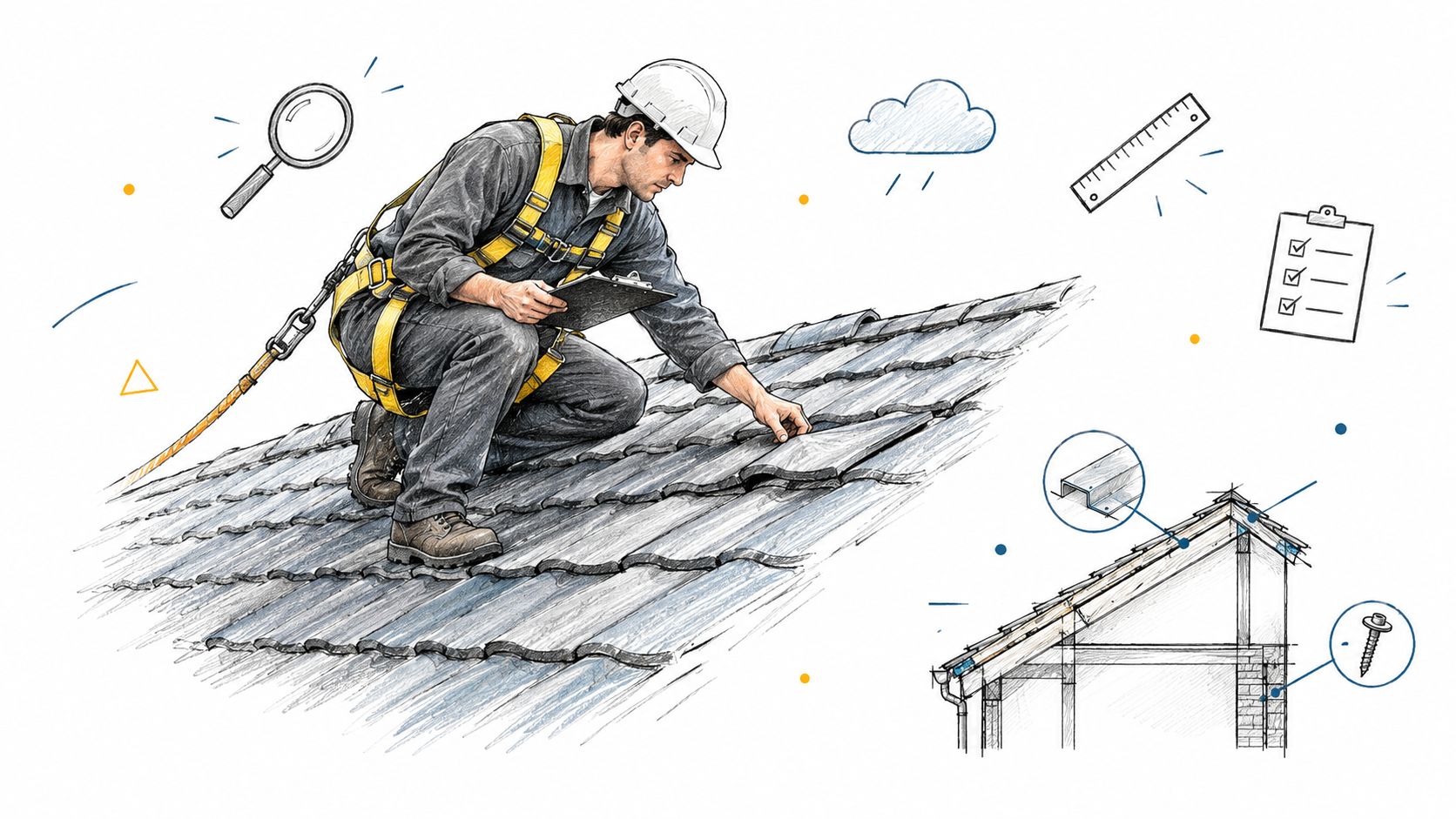 A professional construction worker inspecting a roof while wearing safety gear and holding a clipboard.