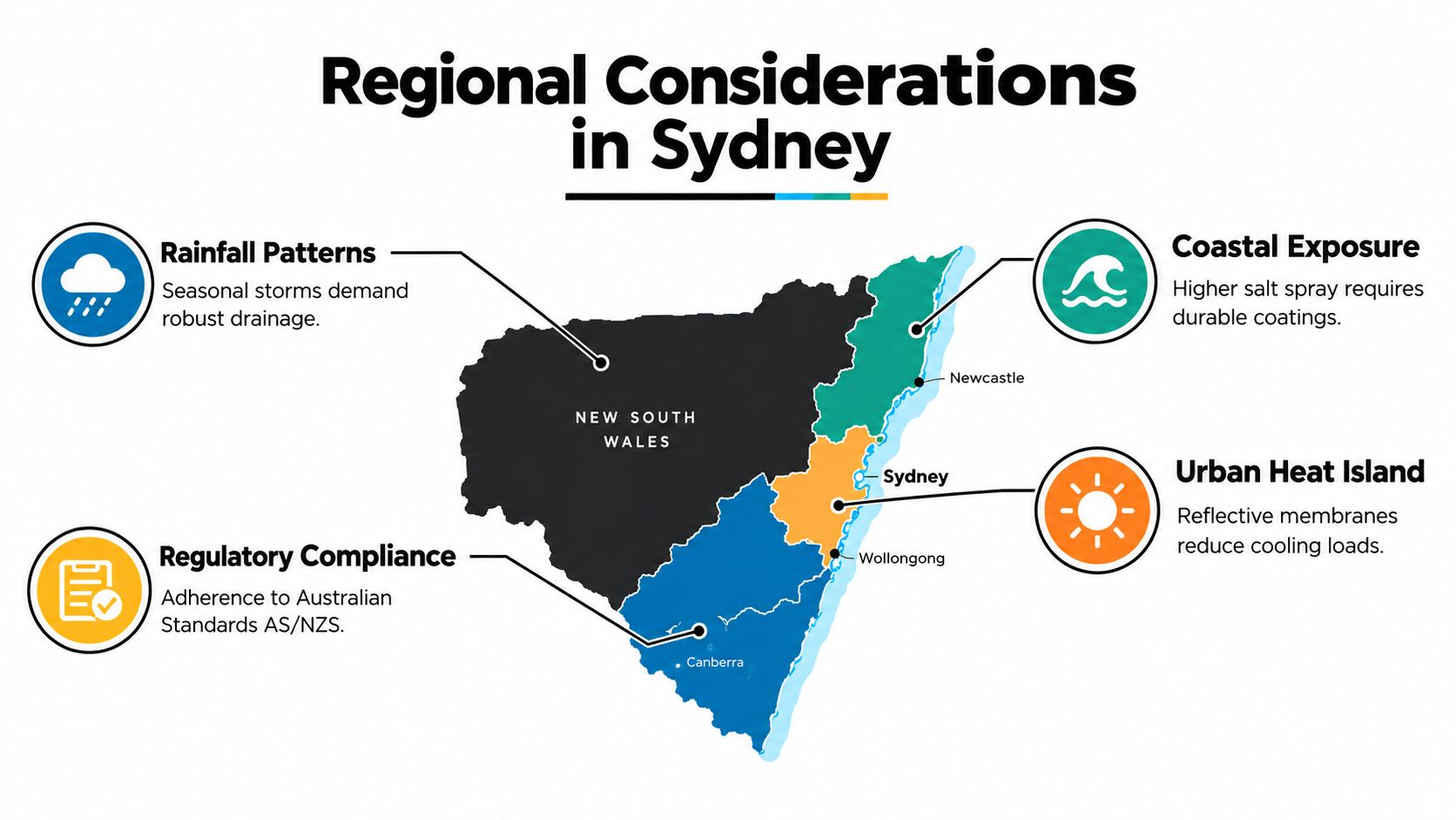 An infographic outlining regional construction considerations in Sydney, including rainfall, coastal exposure, urban heat, and regulatory standards.