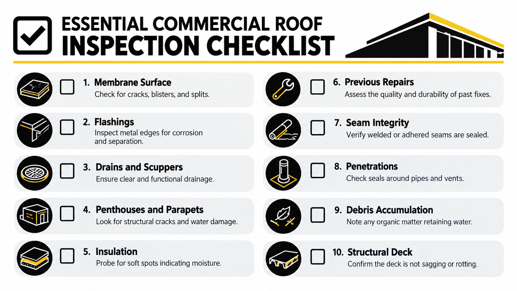 A professional checklist for commercial roof inspections outlining ten critical maintenance areas to check for damage.