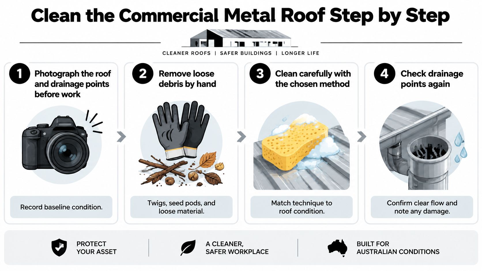 An illustrated step-by-step guide on how to clean a commercial metal roof safely and effectively.