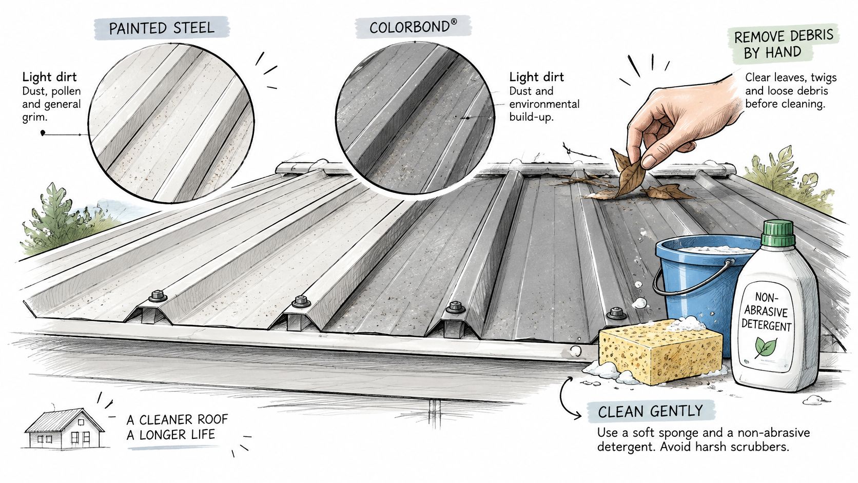 An instructional illustration demonstrating how to gently clean metal roofing materials using a sponge and detergent.