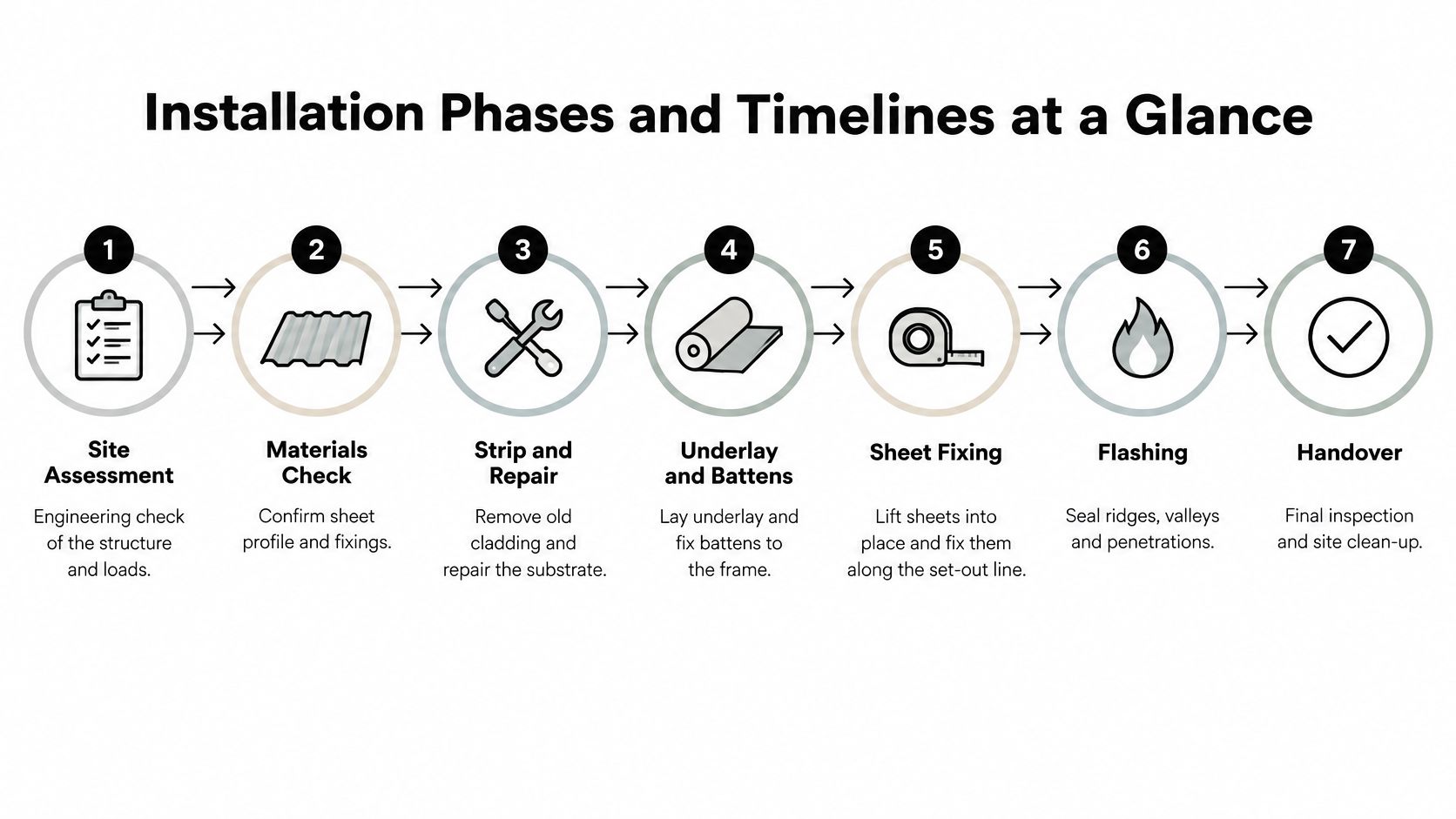 A seven-step infographic titled Installation Phases and Timelines at a Glance detailing the metal roofing installation process.