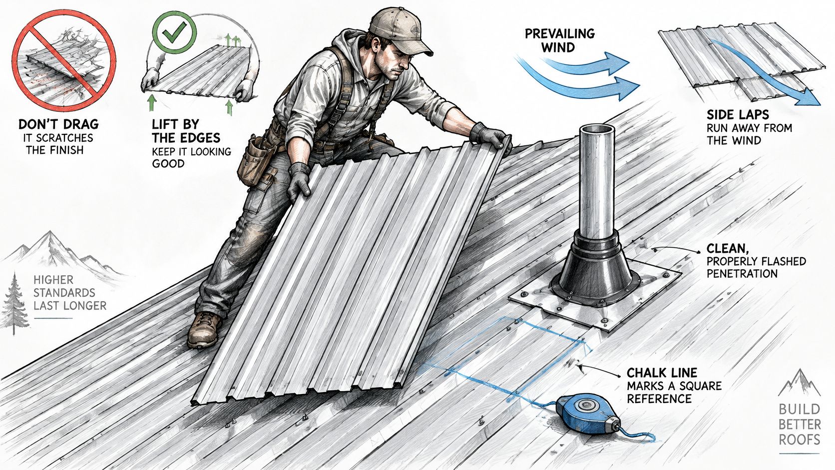 A professional roofer installing metal roofing panels with tips on handling materials and proper roof alignment.