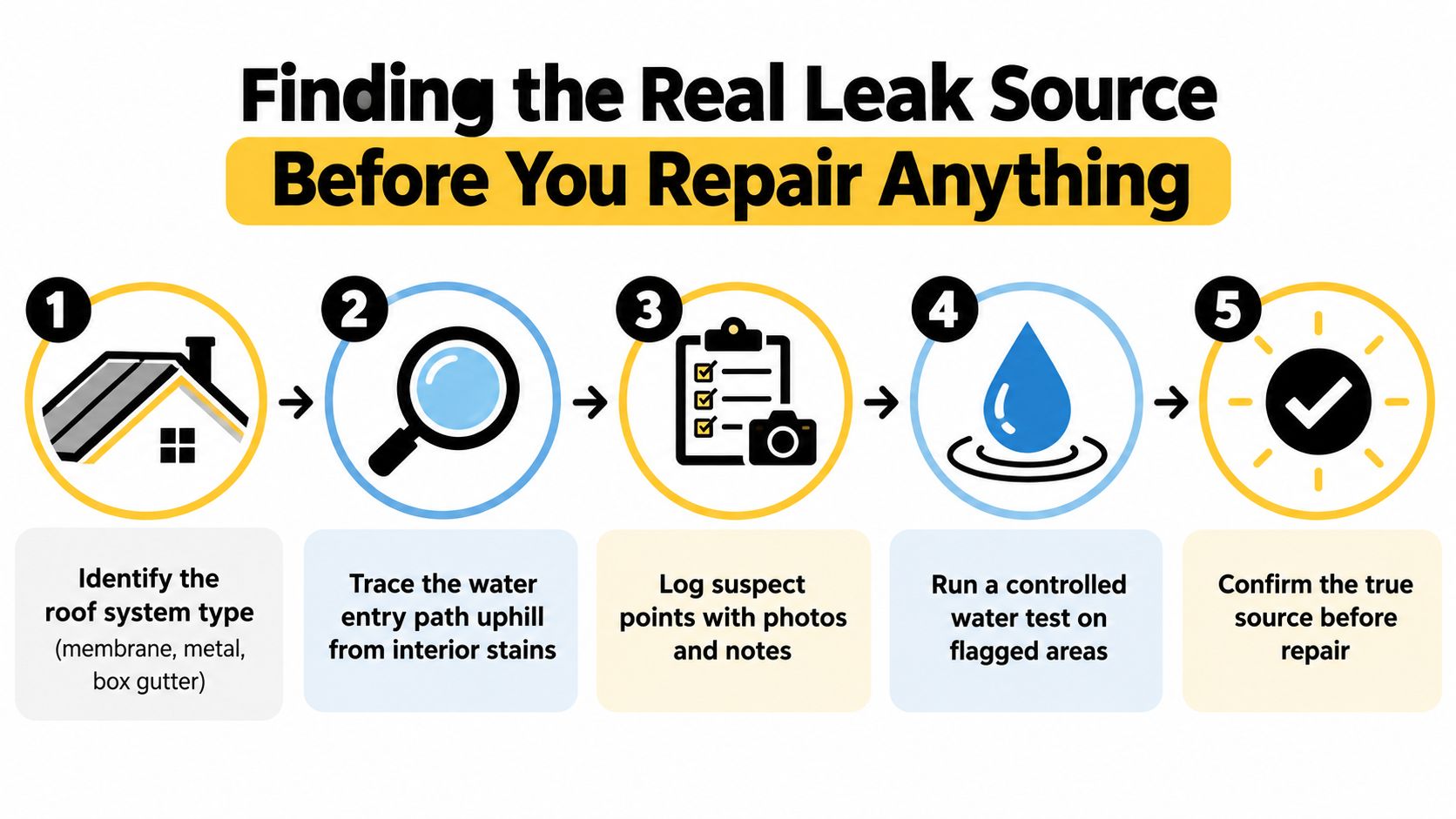 A five-step infographic showing the process for finding the source of a roof leak before performing repairs.