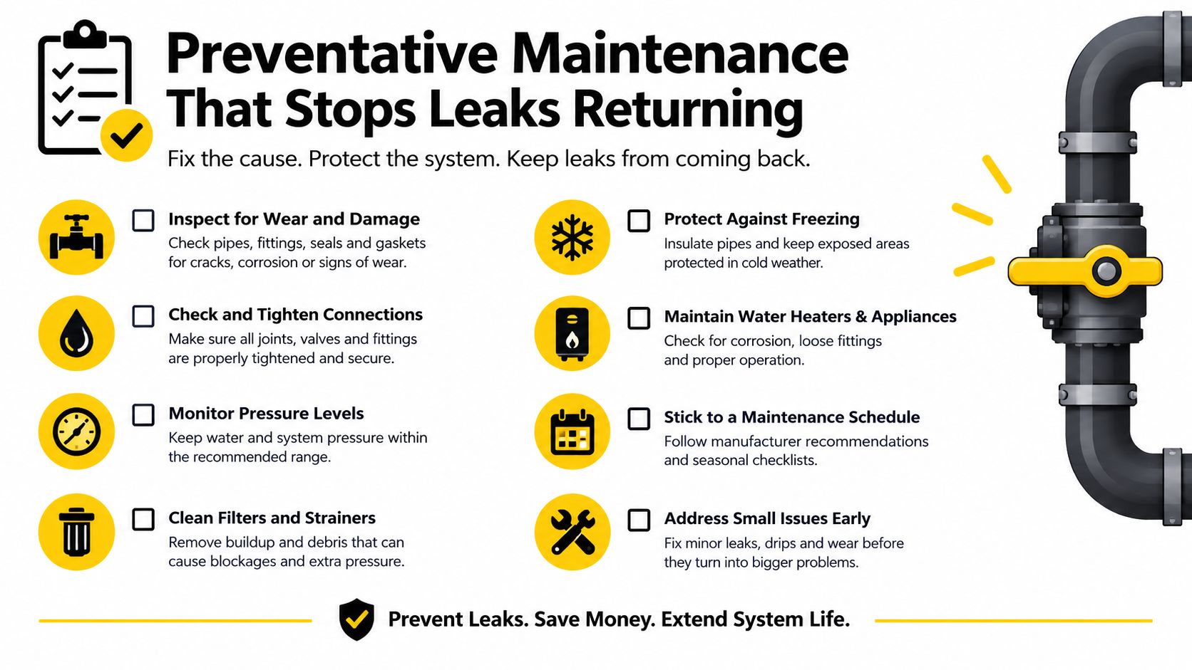 A helpful infographic showing eight key preventative maintenance steps to stop plumbing leaks and extend system life.