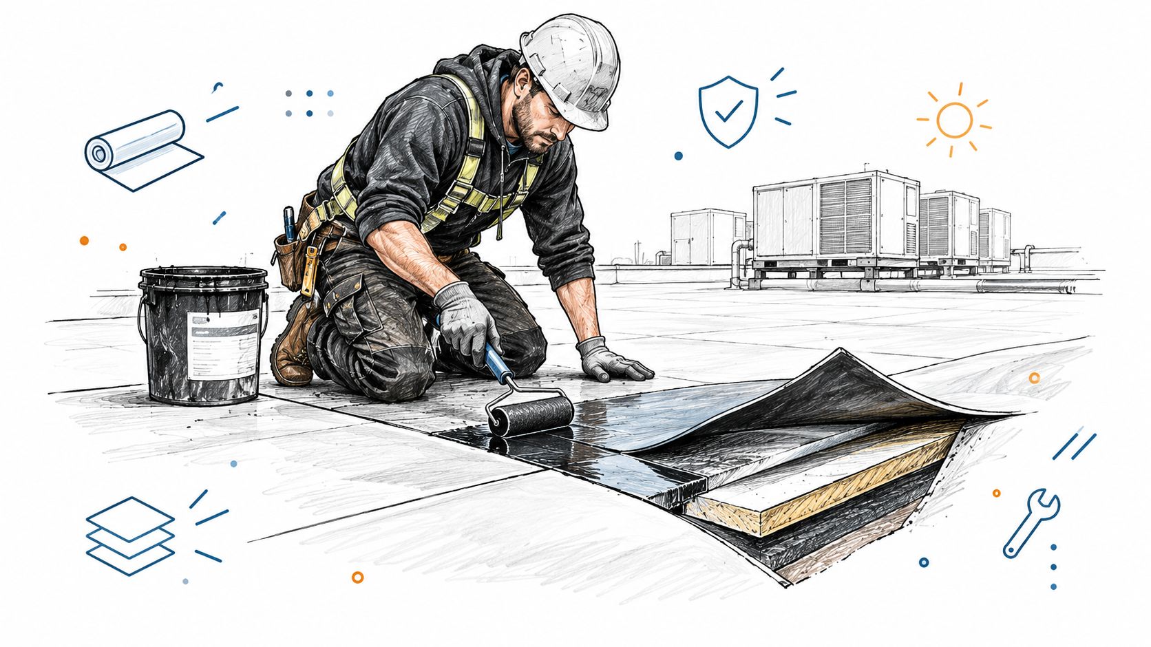 A professional construction worker in protective gear applying roofing material to a flat commercial roof surface.