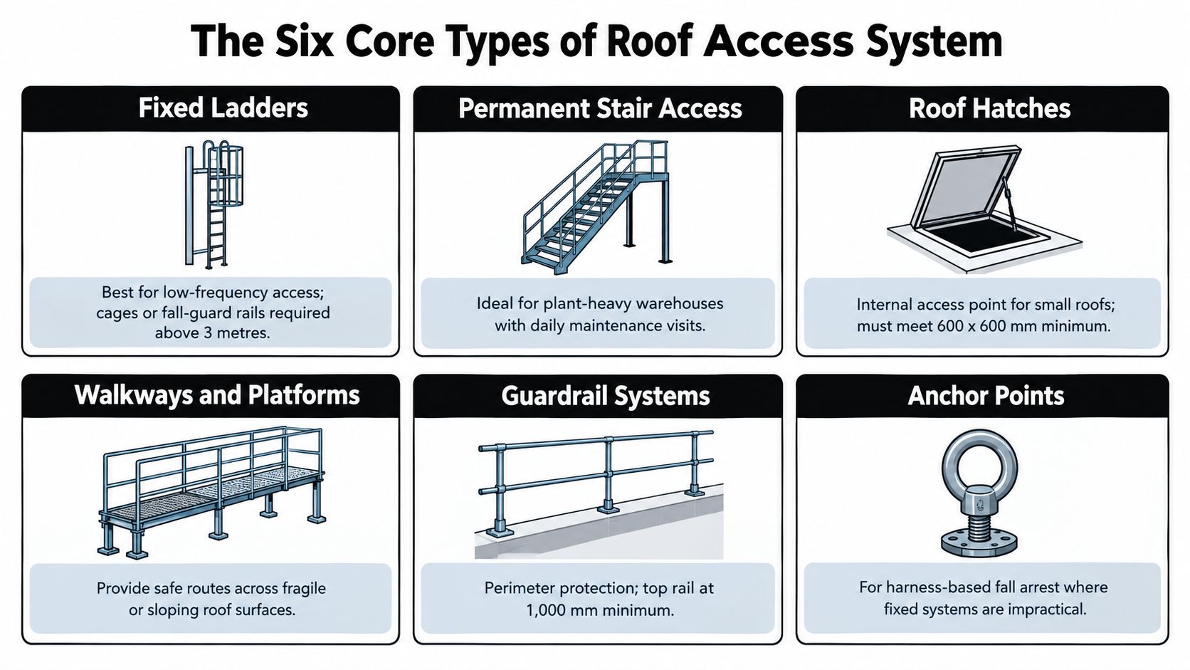 A chart illustrating the six core types of roof access systems including ladders, stairs, hatches, and safety rails.