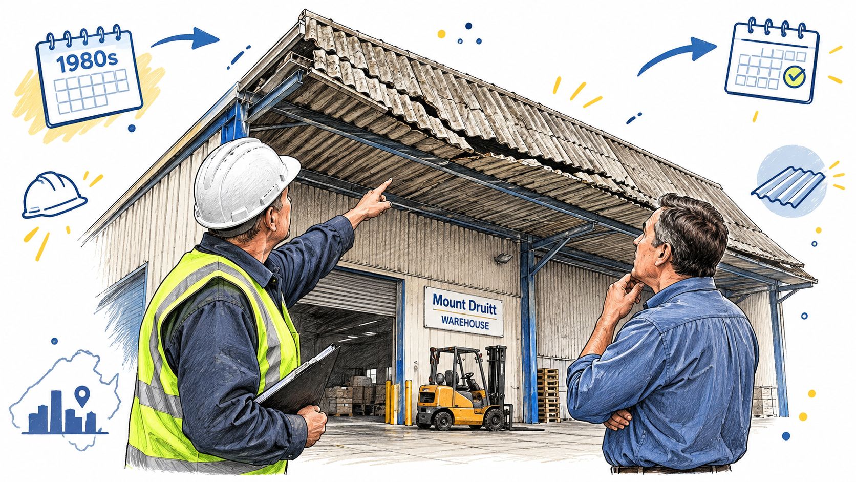 A construction inspector and a client inspecting a damaged warehouse roof that dates back to the 1980s.