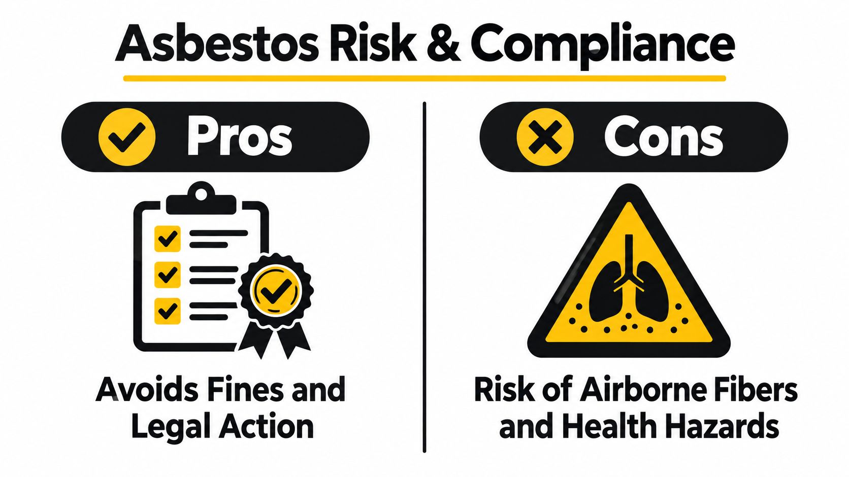 A chart comparing the benefits and risks of asbestos compliance, highlighting legal safety and health hazards.