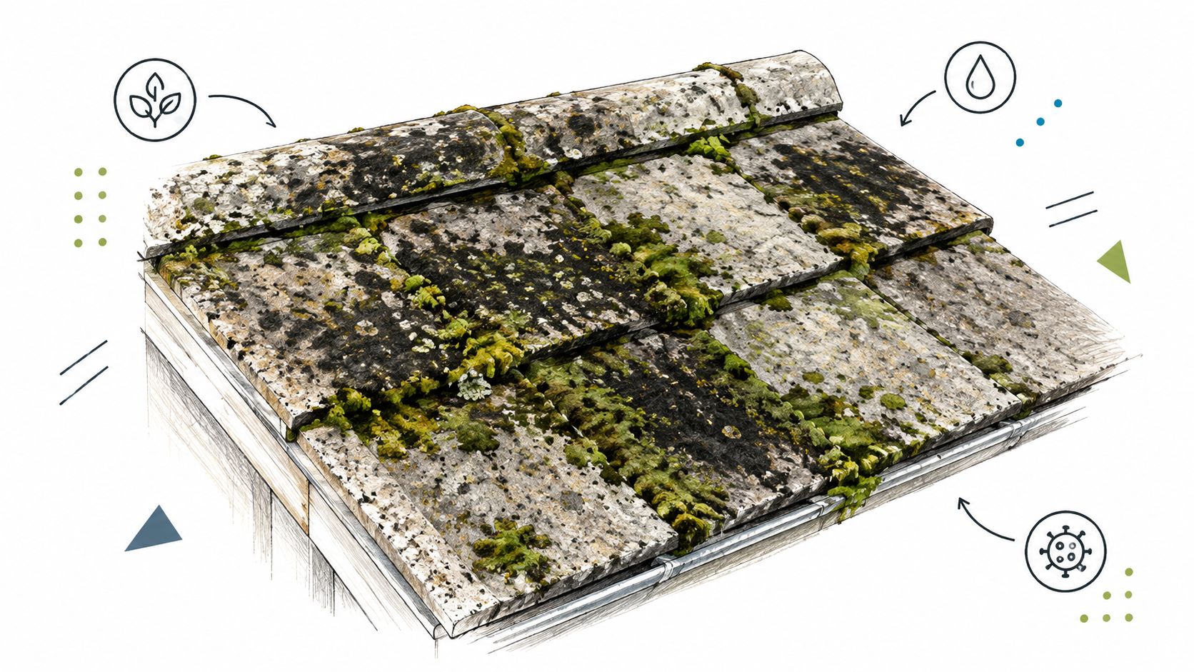 A dirty residential roof covered in thick green moss and lichen patches needing cleaning services.