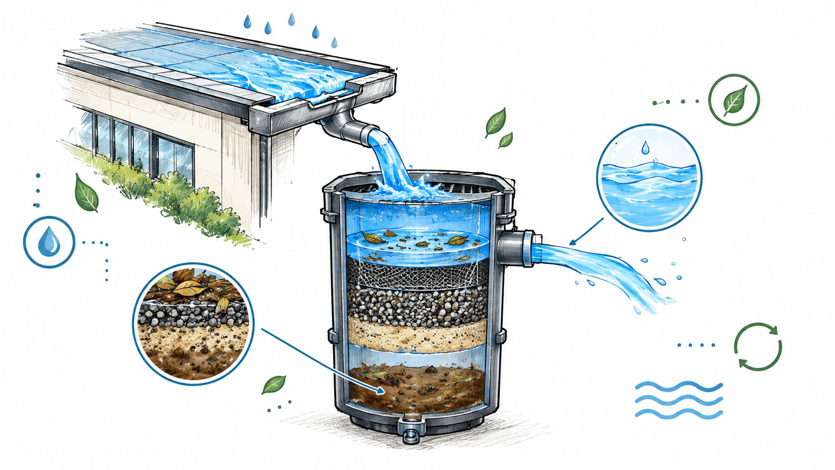 A diagram illustrating a rainwater harvesting and filtration system attached to a residential building roof.