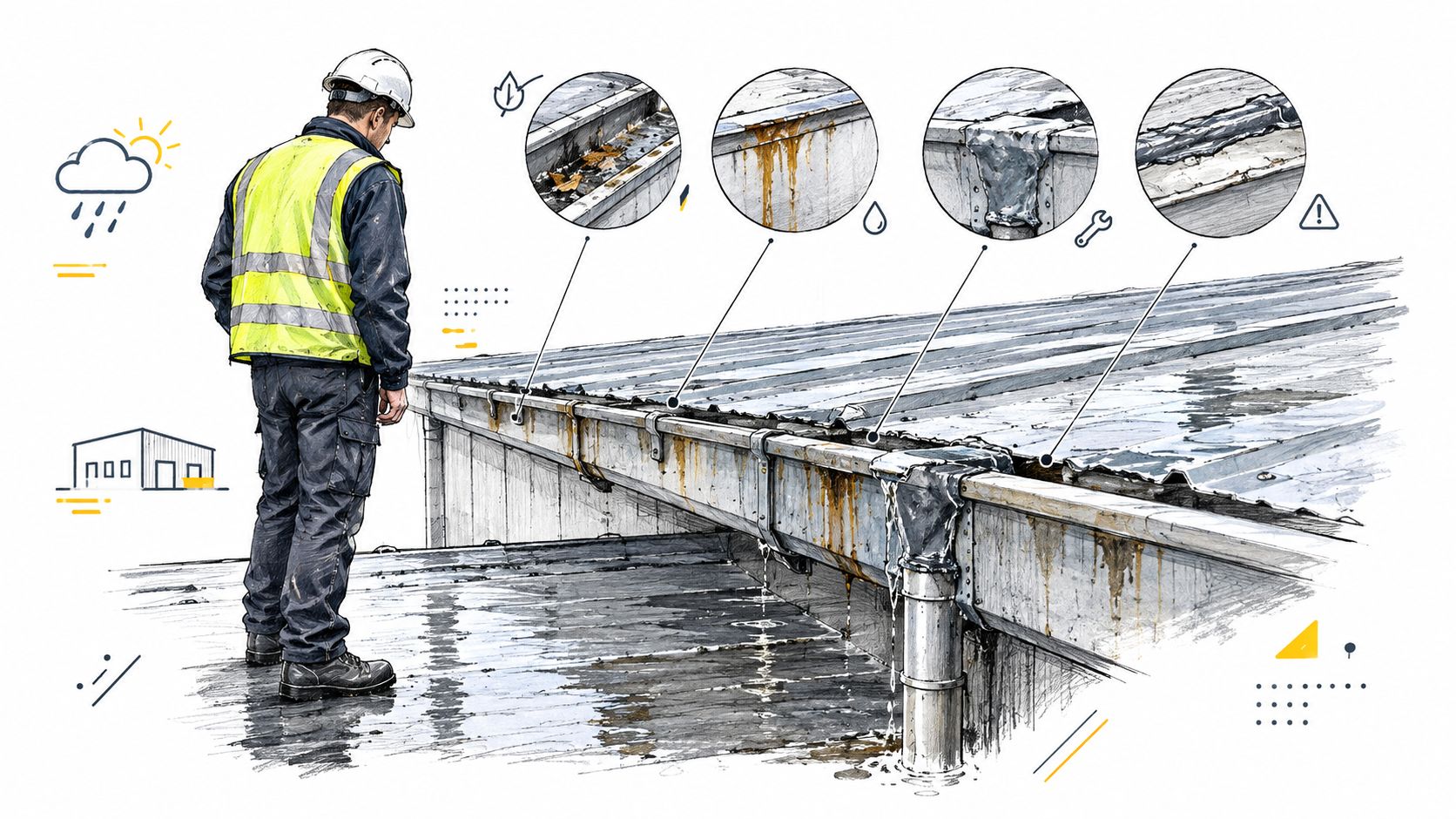 A construction worker inspecting a damaged and leaking metal industrial roof gutter system during a rainstorm.