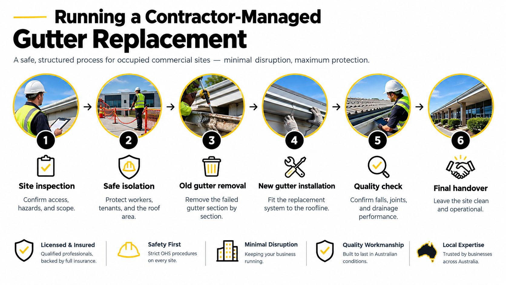 A six-step infographic detailing the contractor-managed process for safe and professional commercial roof gutter replacement.