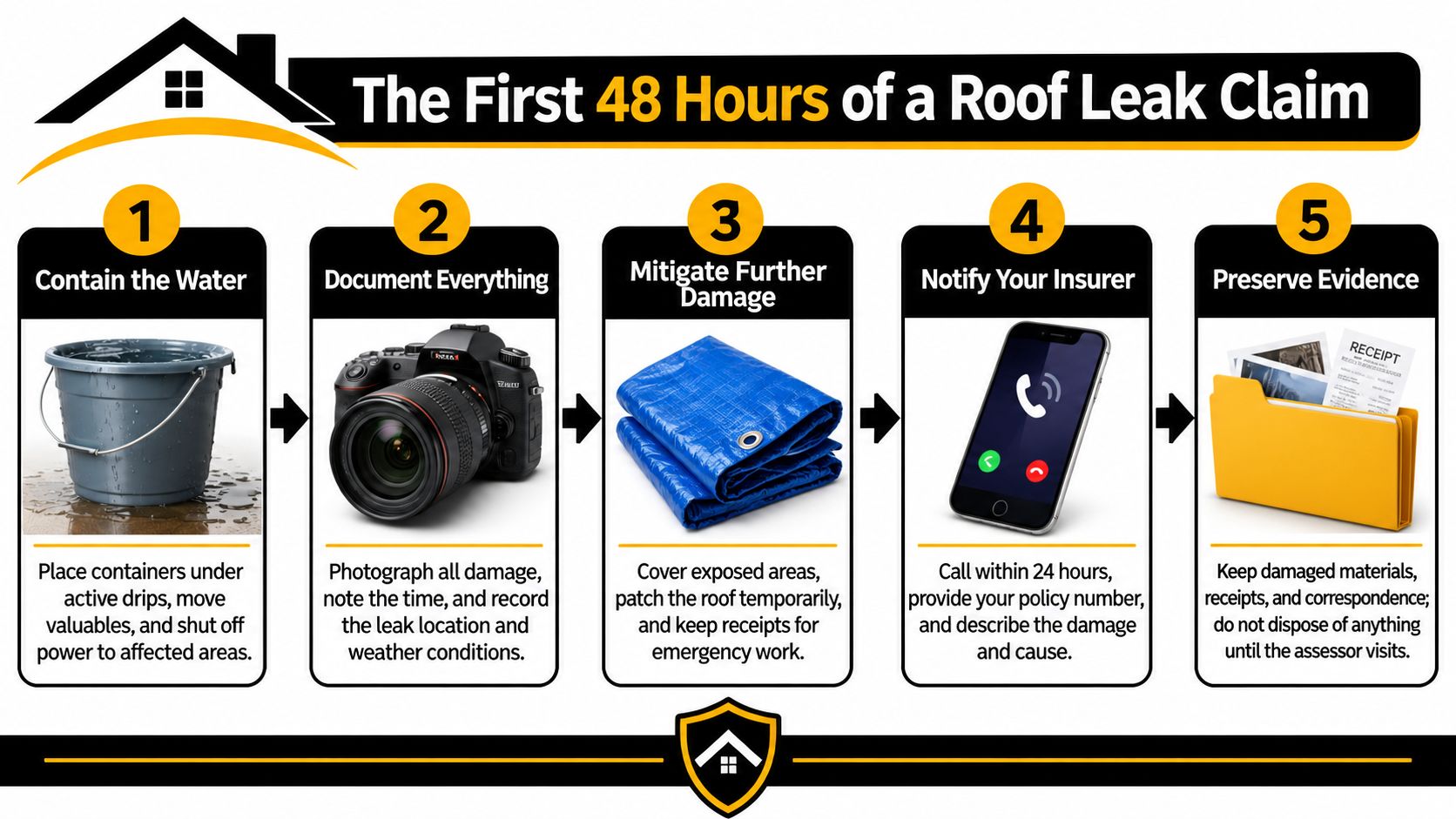 An infographic titled The First 48 Hours of a Roof Leak Claim showing five steps to take.