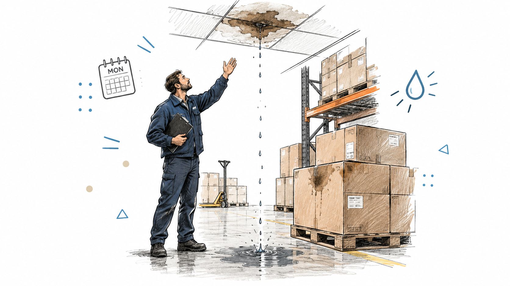 A warehouse inspector examining a significant water leak dripping from the ceiling onto stored cardboard boxes.
