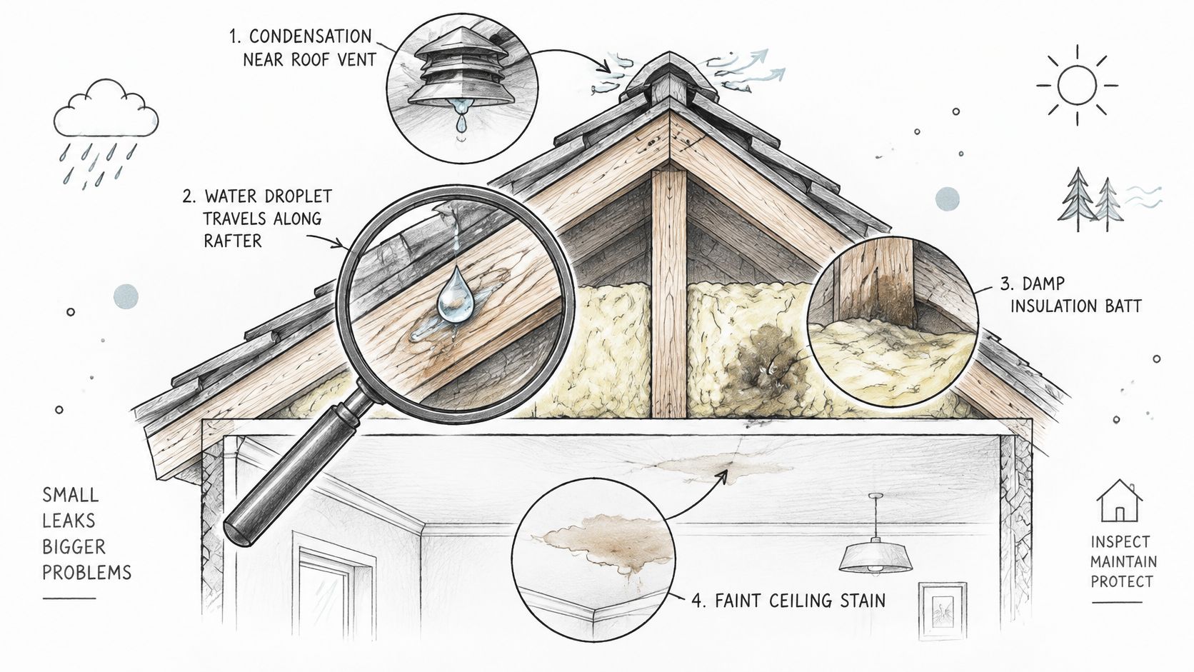 A diagram illustrating the progression of a roof leak from condensation to a ceiling water stain.