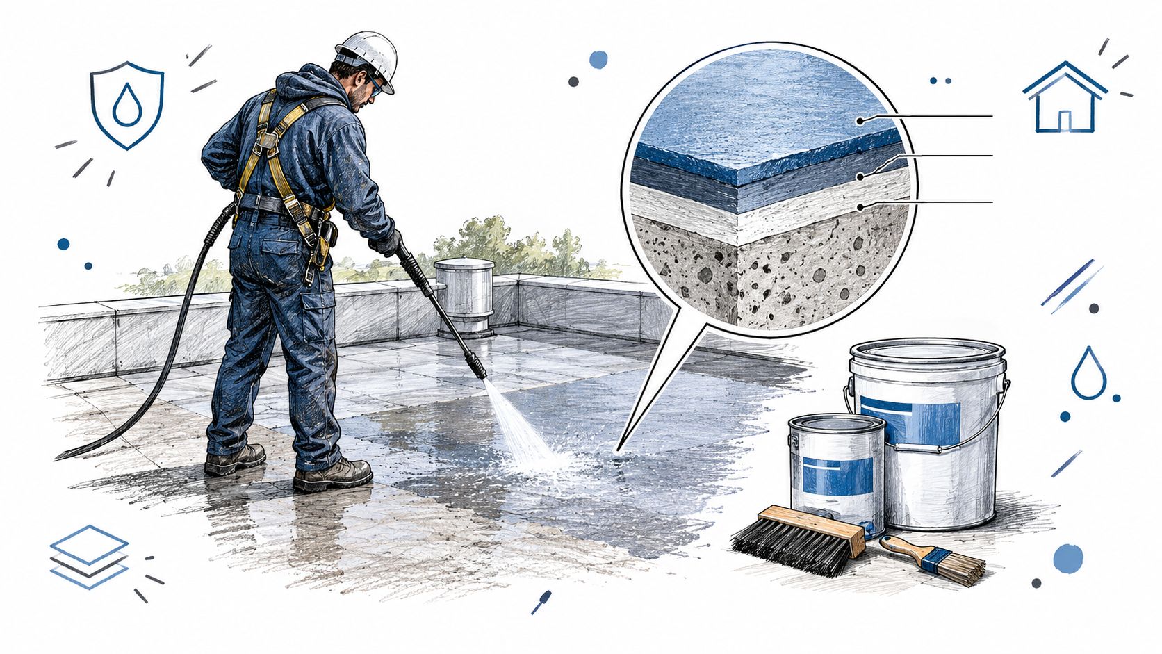 A professional construction worker cleaning a rooftop surface with a power washer for a restoration project.