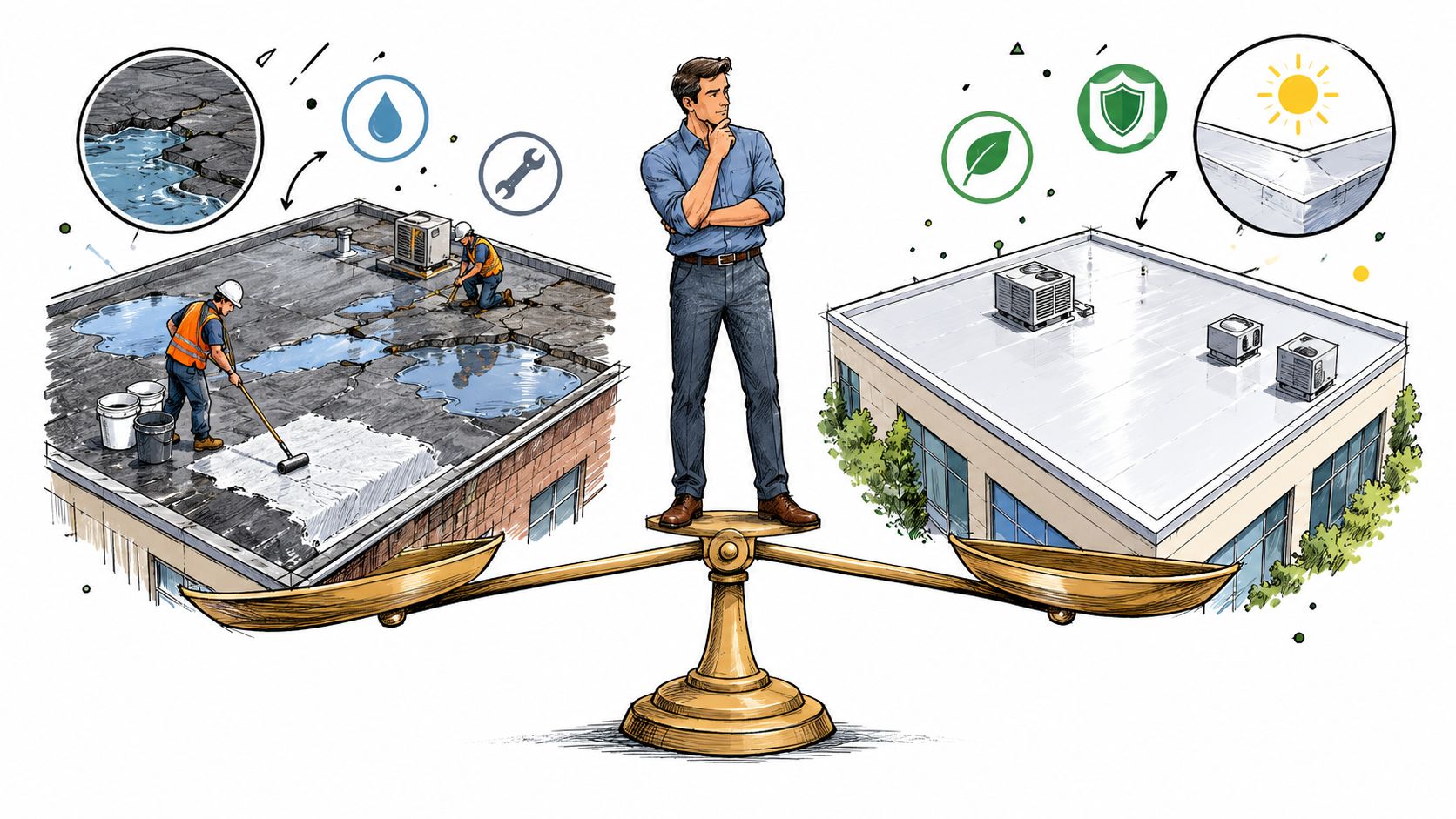 A man stands on a balance scale comparing traditional damaged roof maintenance with modern eco-friendly roof restoration.