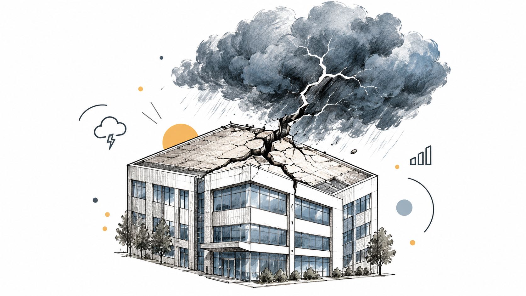 A digital illustration showing a storm cloud damaging the cracked roof of a modern office building.