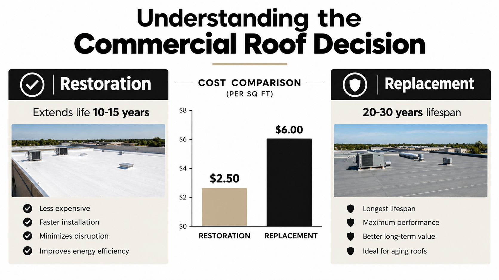 A comparison chart highlighting the cost and benefits of commercial roof restoration versus full roof replacement services.