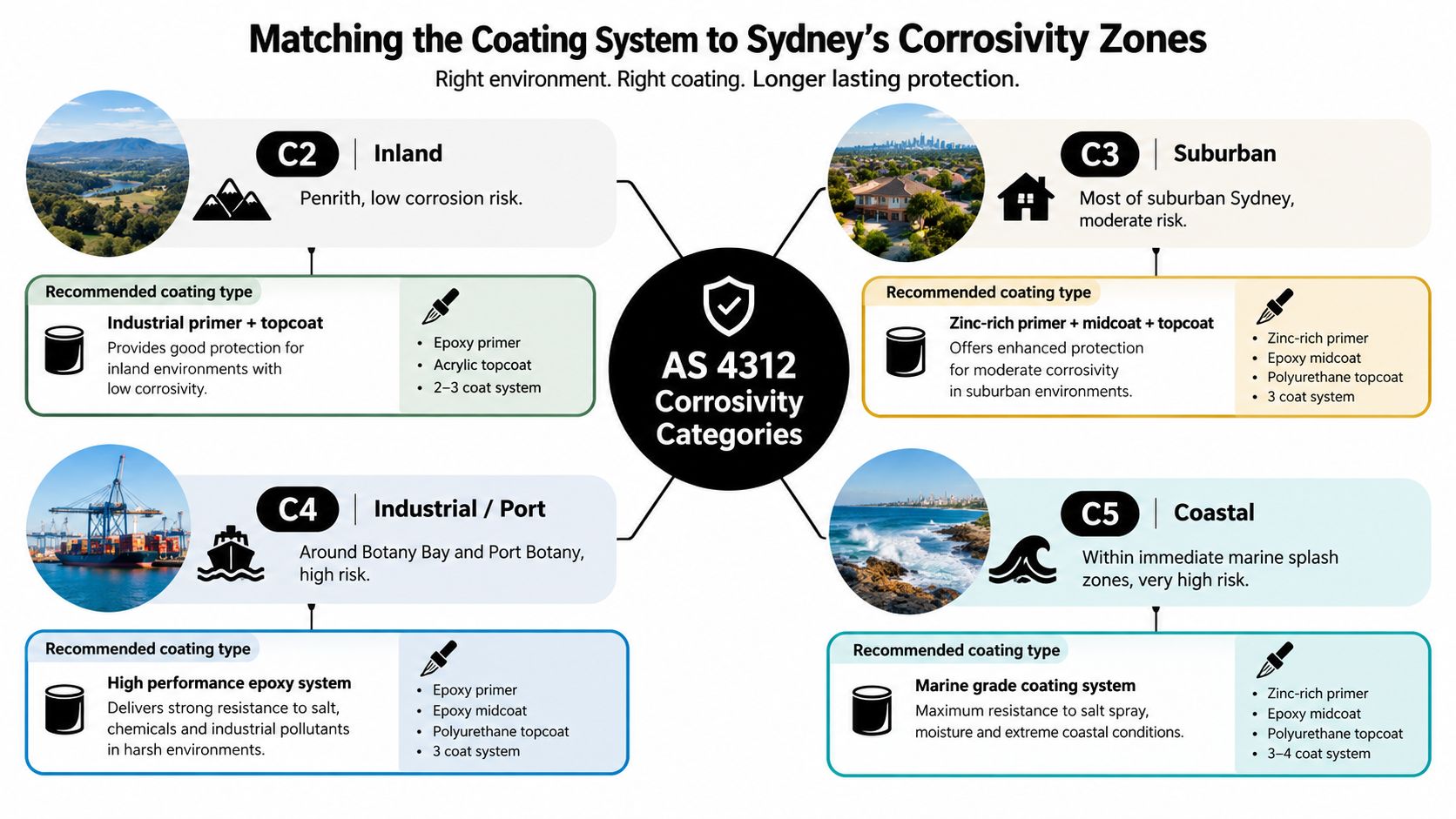 A chart showing recommended protective coating systems for different corrosive environmental zones across Sydney, Australia.