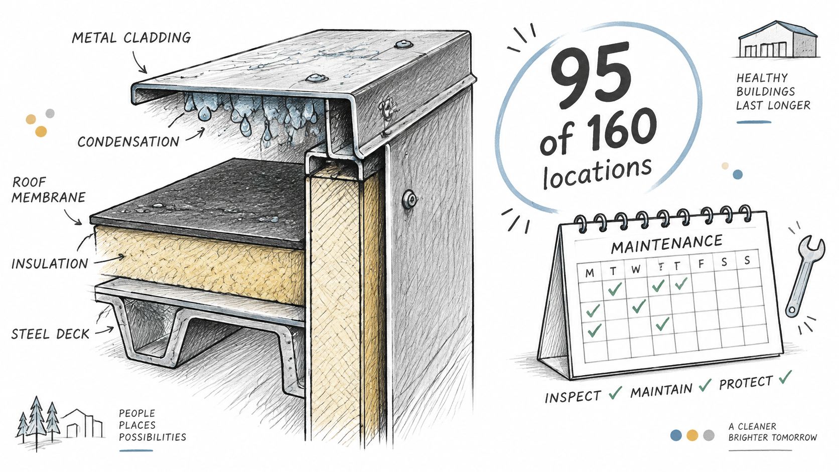 A detailed technical illustration showing roof components with condensation, building maintenance scheduling, and inspection guidance for commercial structures.
