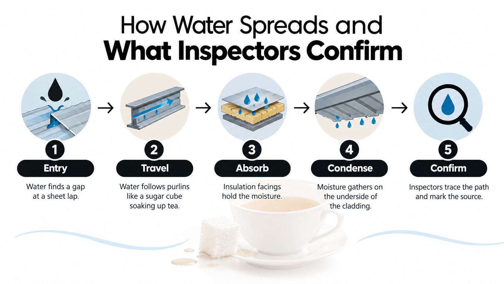 A five-step diagram showing how water enters, travels, absorbs, condenses, and is confirmed by building inspectors.