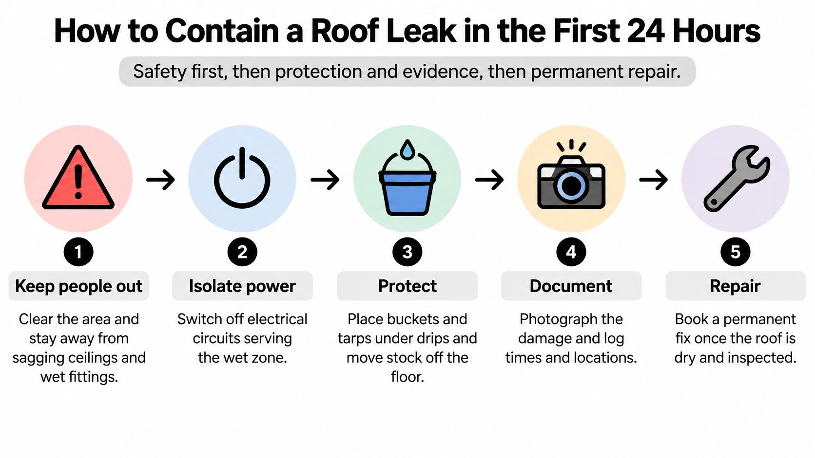 An infographic showing five steps to contain a roof leak safely, including isolation, protection, and documentation.