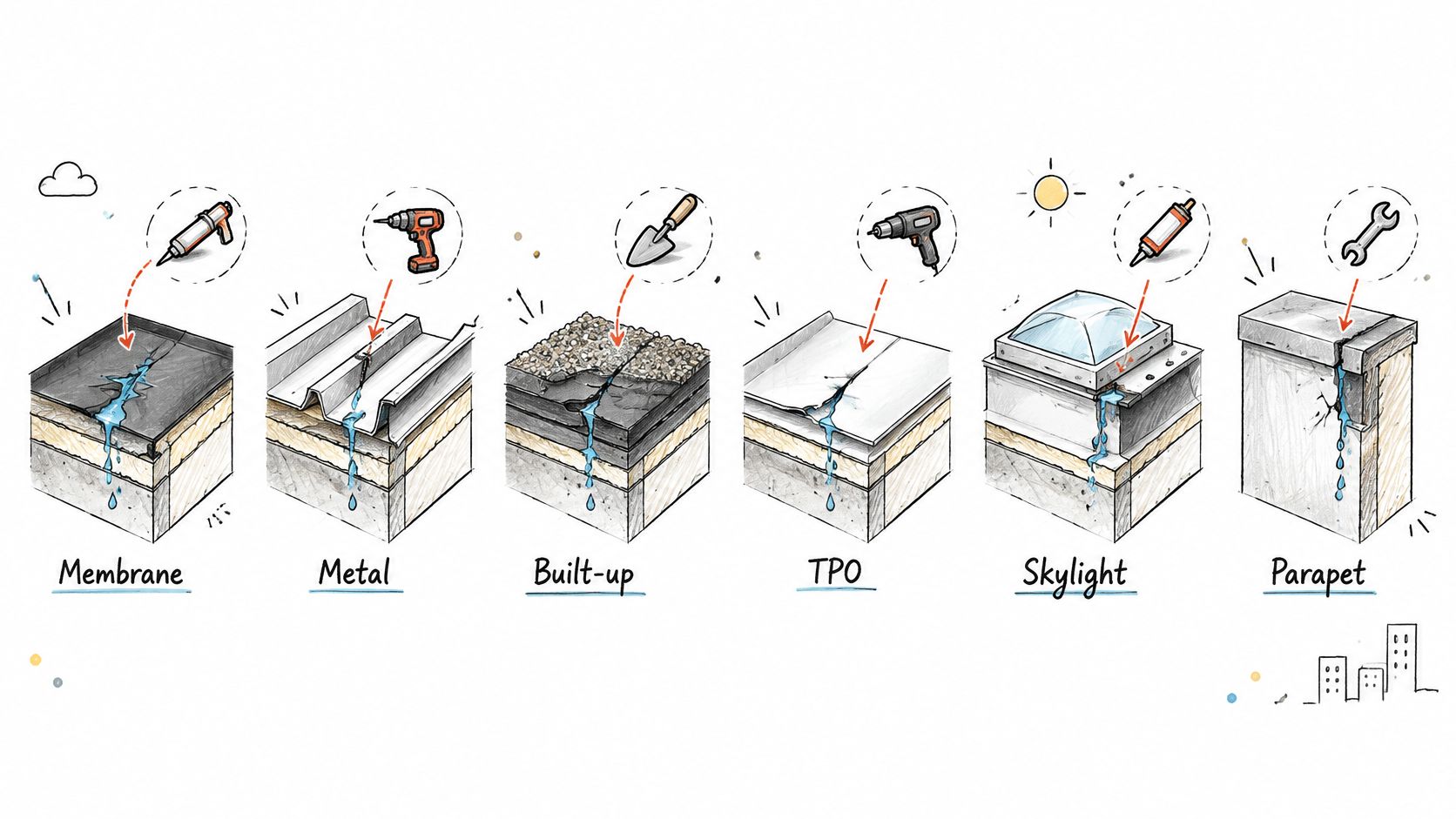 A diagram illustrating common types of commercial roof repairs for water damage in various roofing materials.